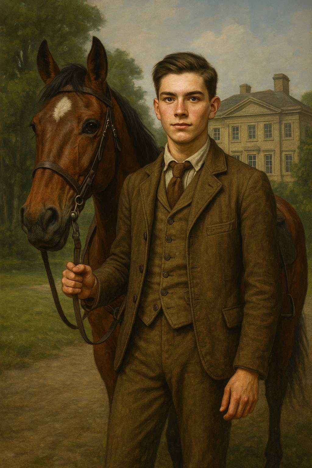 James Conquest Yarrow at eighteen, in civilian dress, preparing to leave his country estate